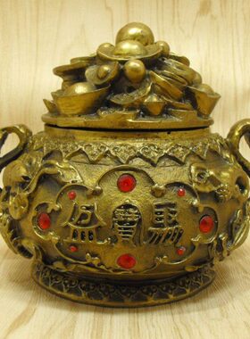 纯铜聚宝盆摆件桌面带盖开盖连年有余聚宝盆家居玄关装饰工艺品