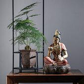 新中式 茶馆禅居 饰 台湾铁丸石观音摆件立莲念珠观音家用家居装