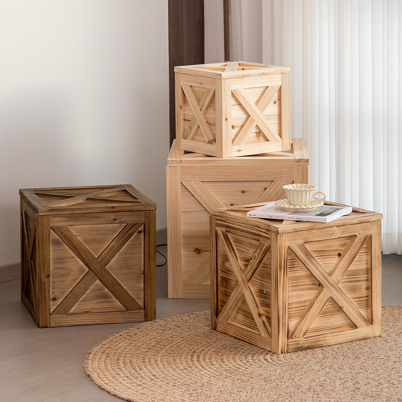 复古木箱子正方形实木储物箱户外防腐老旧道具摆件仿W古收纳箱定