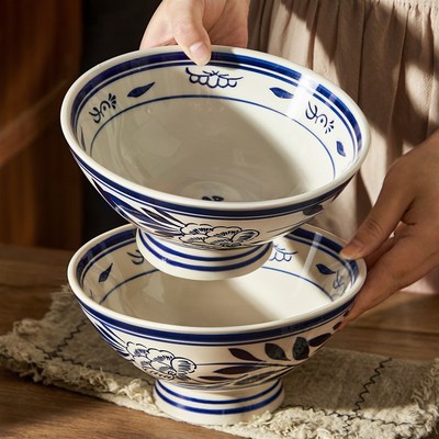 中式复古陶瓷青花拉面碗家用釉下彩D汤面碗大碗高脚碗米粉碗面条