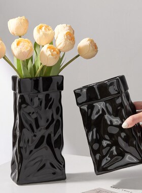 法式黑色陶瓷艺术花瓶摆件家居创意水培插花器极简软装餐桌装饰品