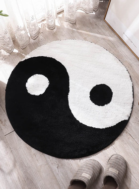 黑黄色太极八卦圆形地毯卧室房间地垫家用吊篮电脑椅床边脚垫家用