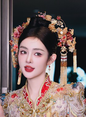 新娘头饰中式古风结婚发饰金红色造花液花朵古典造型盘发秀禾发饰