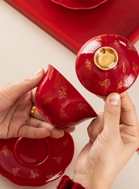 唐呈结婚改口敬茶杯一对红色陶瓷盖碗杯子套装新人婚礼喜庆敬酒杯