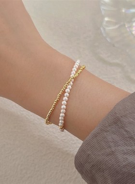 小众设计彩色三串叠戴珍珠手链碧玺极细清新撞色手串新中式手饰品