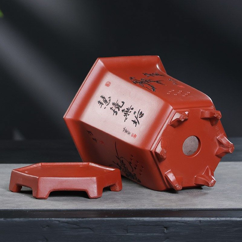 宜兴紫砂盆带底座透气兰花花盆六方手工室内君子兰蝴蝶兰高档花盆