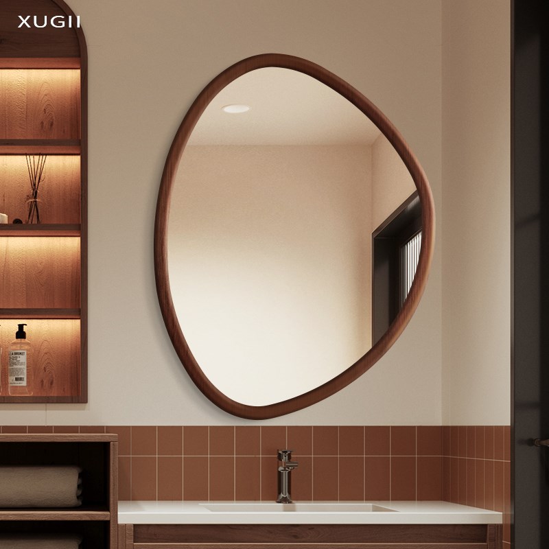 中古风异形实木带框镜子化v妆镜玻璃卫生间壁挂式洗手台定制浴室