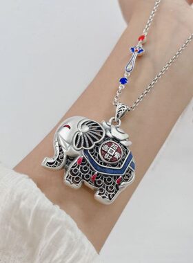 925纯银秋冬毛衣链烧蓝长款2023年新款潮复古民族风项链百搭礼物