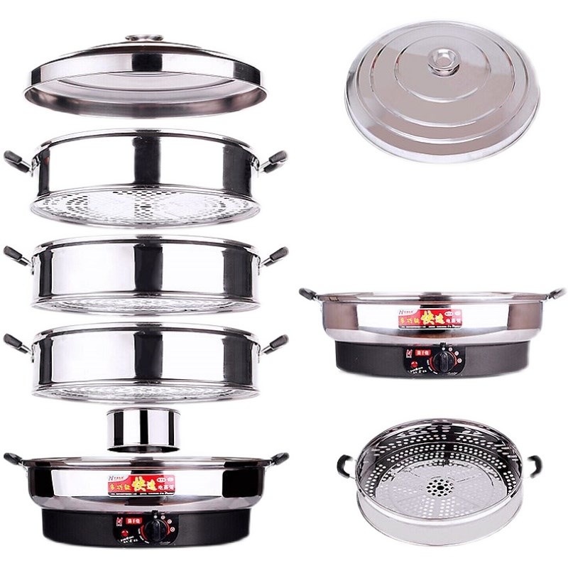 电蒸锅三层蒸笼加厚不锈钢蒸汽锅可蒸可煮保温智能定时钵仔糕包子