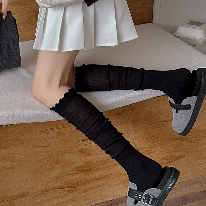 花边小腿袜女黑色春秋款配小皮鞋夏季薄款jk长筒女士美腿堆堆透气