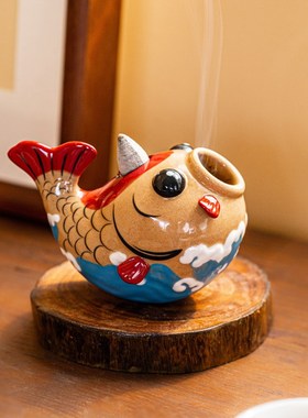 年年有鱼摆件情绪解压陶瓷不倒翁桌面倒流香炉创意W锦鲤生日礼物