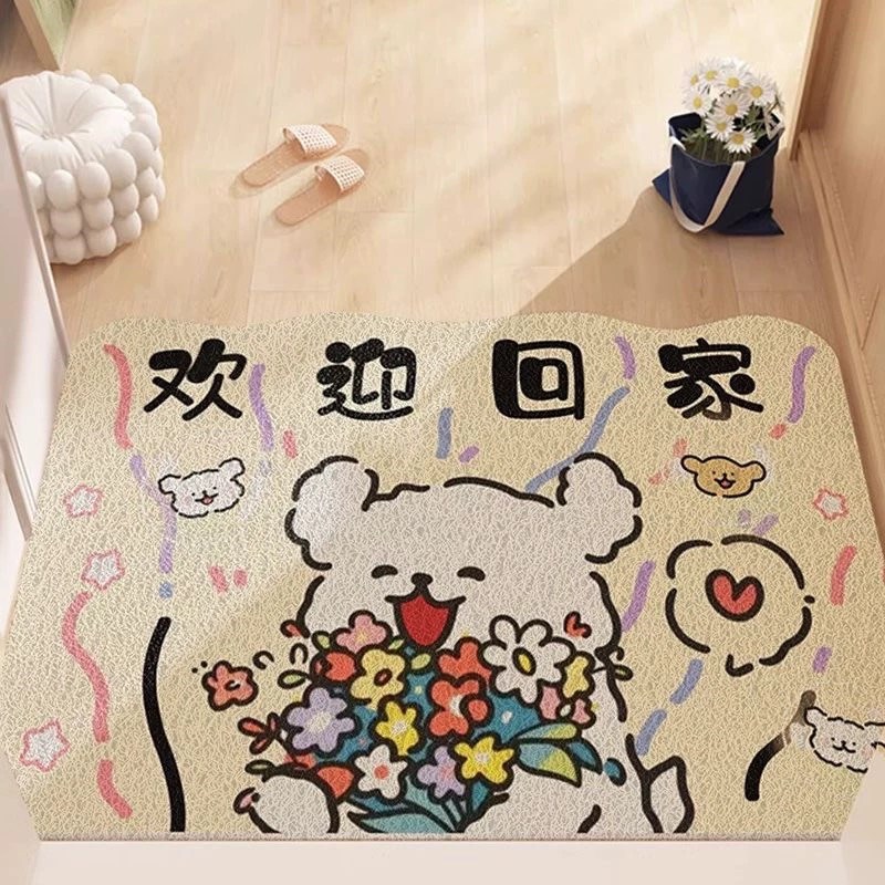 可爱欢迎回家入户门丝圈r地垫奶油风玄关除尘家用可裁剪防滑门垫