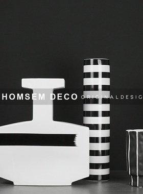 简约现代样板房间条纹p插花瓶花器轻奢软装饰品陶瓷售楼处家居摆