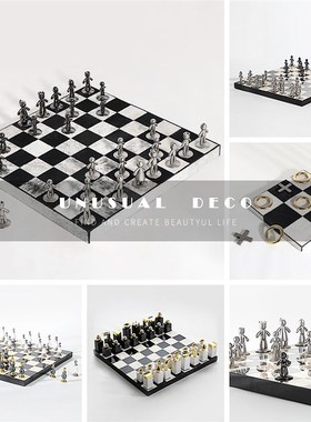 北欧现代高档家i居黑白马毛棋格国际象棋盘客厅桌面软装饰品摆件