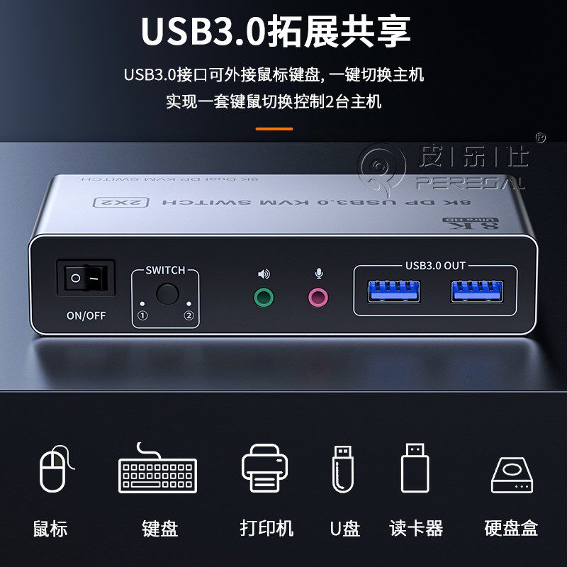DP1.4版二进二出KVM切换器4k120z双屏扩展2进1分配器8K超高清电脑