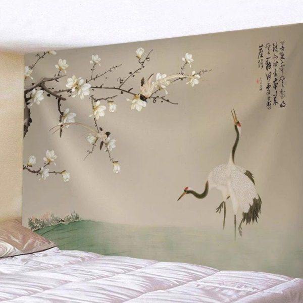 新中式山水花鸟装饰背景布古风桃花梅花背景墙布客厅卧室挂毯画布