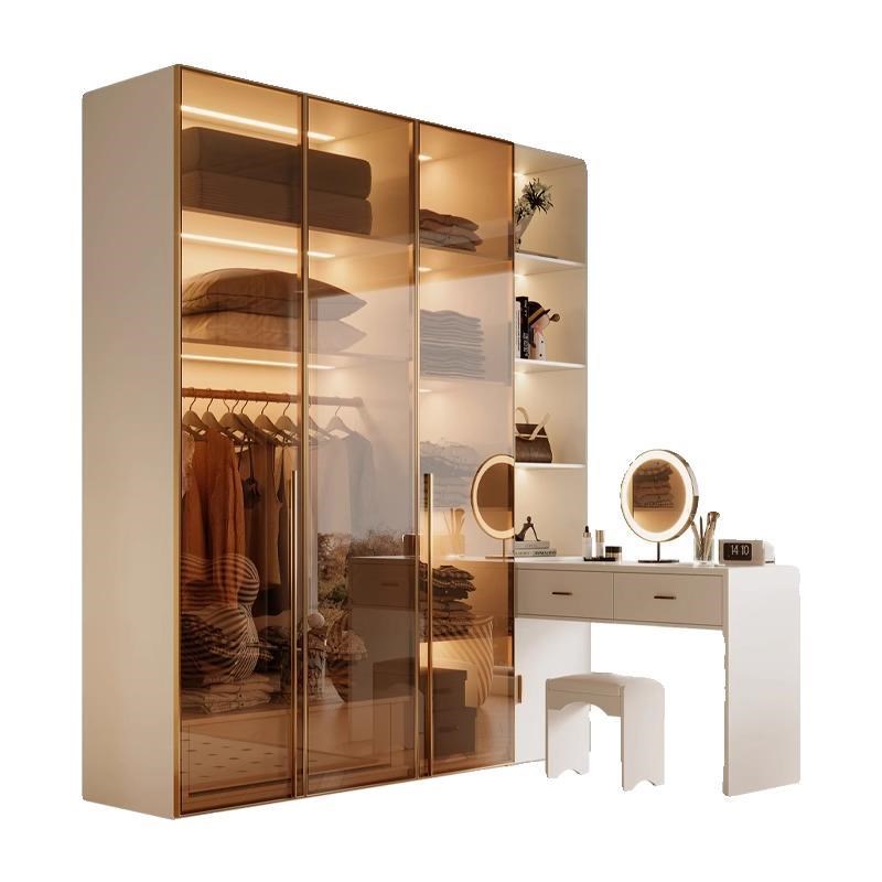 奶油风简约现代轻奢极简衣柜家用卧室玻璃门衣帽间组装主卧实木柜