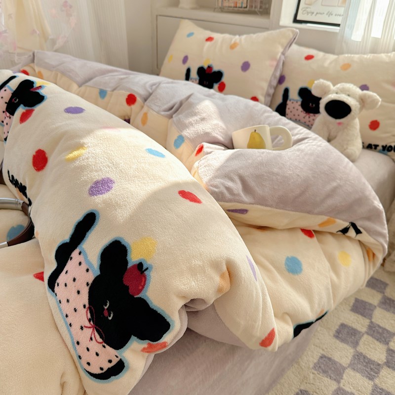 卡通四件套冬季加厚珊瑚加绒被套法兰绒宿舍单人三件套床品