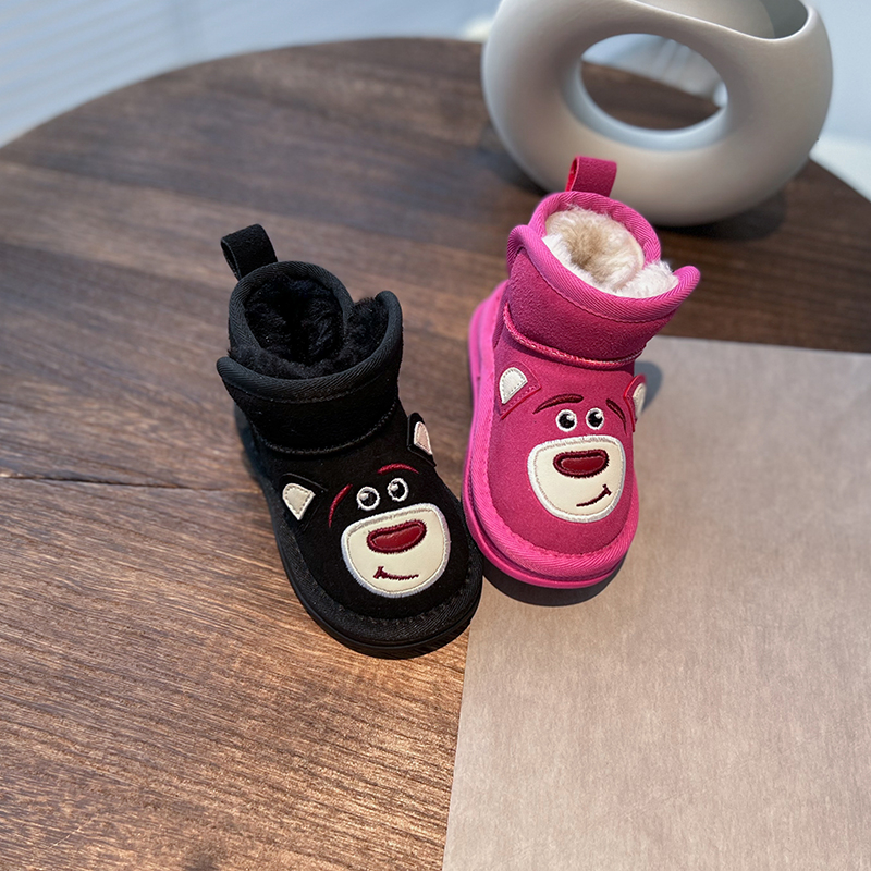 草莓熊女童雪地靴j2023冬季宝宝棉鞋卡通儿童鞋子短靴东北防滑防
