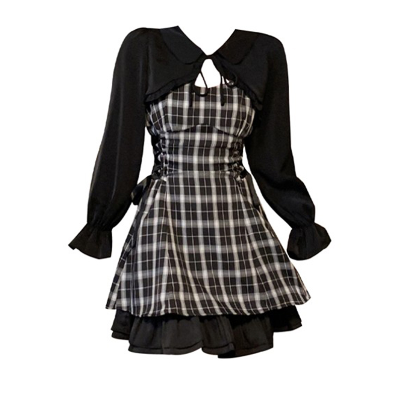 大尺码胖妹妹甜辣妹格子吊带洋装女E夏绑带收腰显瘦荷叶边a字短裙