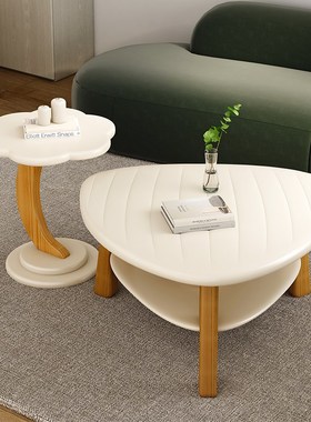 实木茶几奶油风圆形极简创意花朵茶台家用客厅原木异形小户型茶几