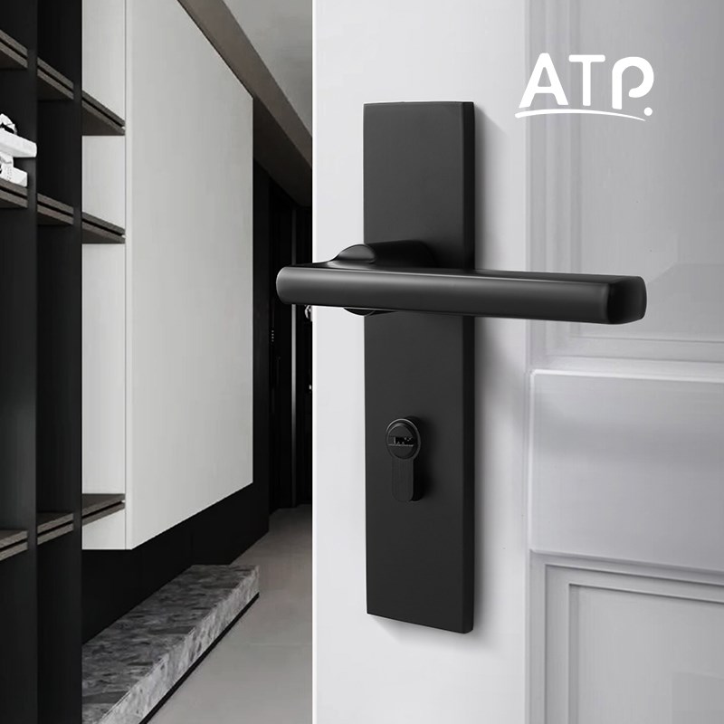 ATP黑色室内卧室房门锁家用磁吸静音分体锁具哑黑房间实木门把手