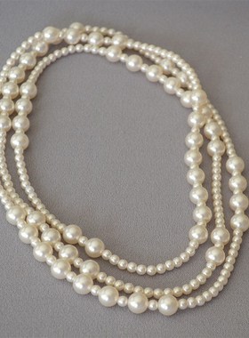 秋冬新潮韩版气质时尚大小珍珠间隔E不规则长款多层叠带项链毛衣