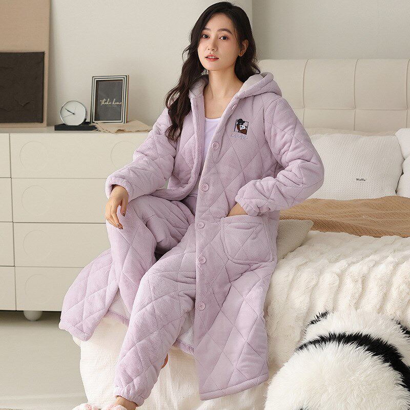 珊瑚绒连帽开衫女士法兰绒加厚可外D穿加绒睡衣保暖家居服套装