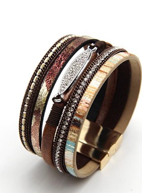 跨境新品复古手饰多层编r织手镯波西米亚民族风磁扣女士瑜伽手链