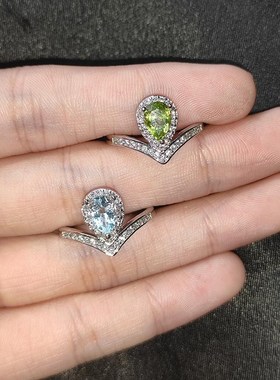 天然天空蓝托帕石戒指 抖音基地检测天然橄榄石水滴X梨形皇冠戒指