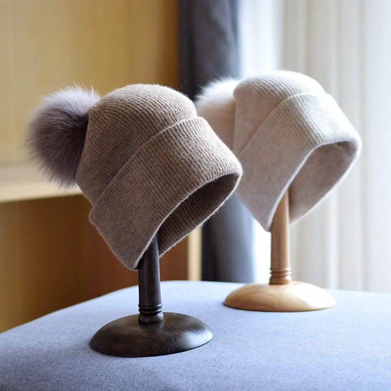 狐狸毛球帽子女冬纯色羊毛线帽显脸小护耳L温暖针织加厚保暖防寒