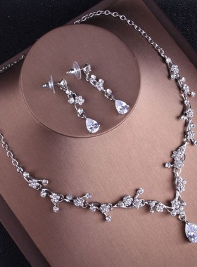 高端锆石水钻项链 新娘饰品婚纱礼服配饰皇冠项链耳环三件套包邮
