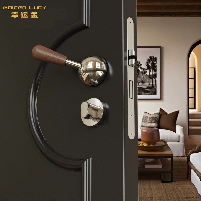 黑胡桃木中古门把手静音磁吸室内实木门锁极简设计卧室门把手锁具
