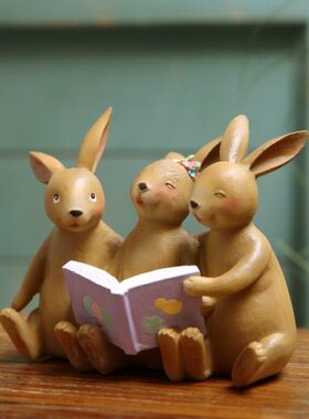 三只开心兔树脂摆件 欧式花园庭院别墅店铺桌面装饰礼物