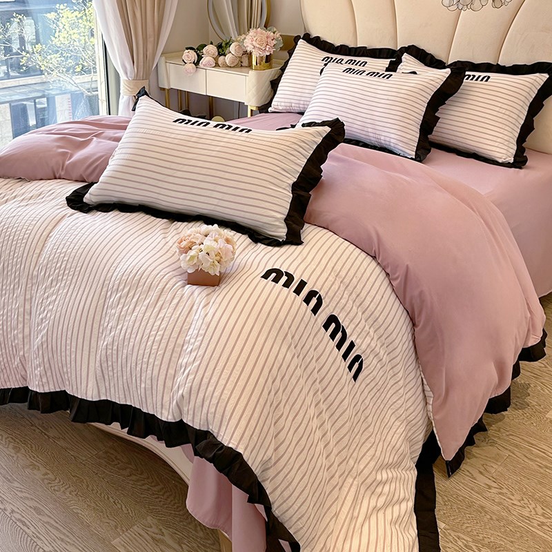 法式小香风水洗棉四件套花边款床单被套少女心公主风条纹绣花床品