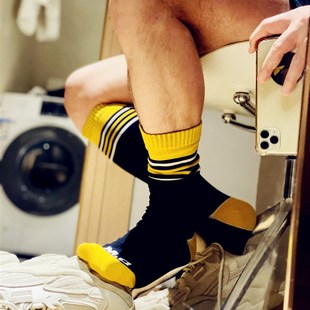 黑色搭配潮流打底长袜 运动耐穿吸汗 D.M男袜 锦纶条纹高筒足球袜