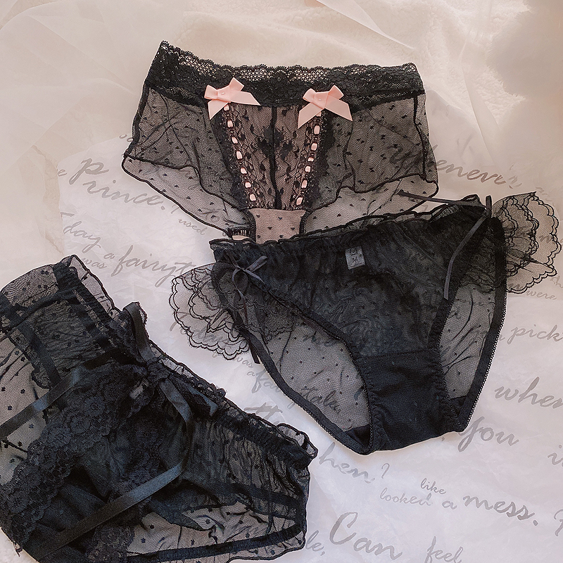 日系甜美性感内裤女神秘黑色蕾丝网纱飞边丝带蝴蝶结短裤纯情少女