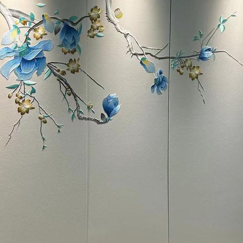 山水画新中式硬包背景墙刺绣硬包酒店客户厅沙发电视装饰软包独绣图片