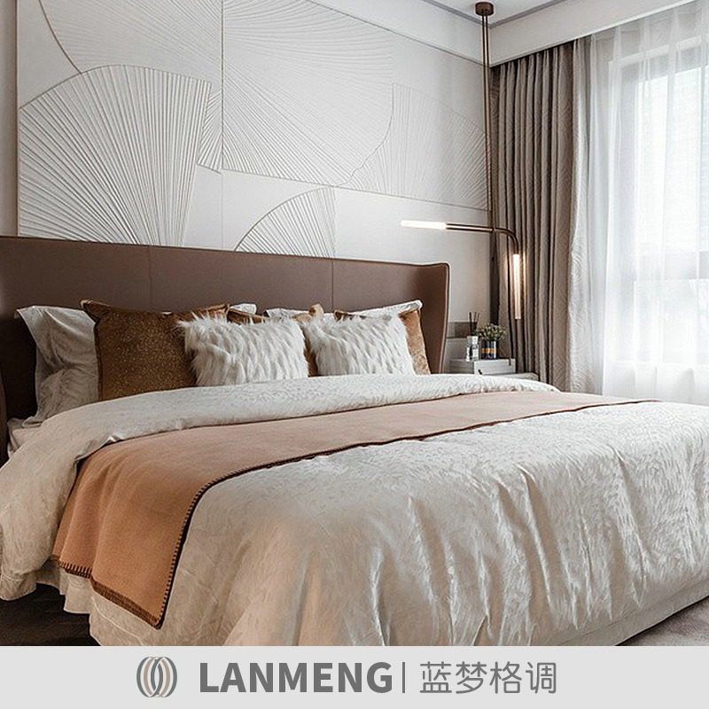 蓝梦格调样板房床上用品白色毛毛腰枕咖棕色搭巾抱枕展厅多件套