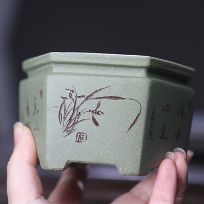 紫砂花盆刻绘小盆手工盆景盆绿泥降坡泥苏兵名家盆六方形菖蒲盆