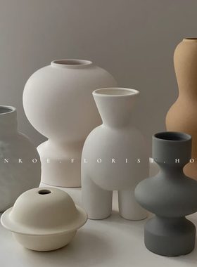 monroe梦鹿工作室陶瓷创意灰色花瓶摆件北欧风白色餐桌装饰电视柜