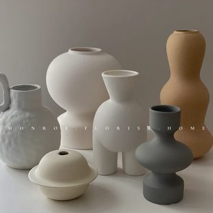 monroe梦鹿工作室陶瓷创意灰色花瓶摆件北欧风白色餐桌装饰电视柜