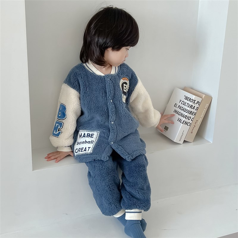 男童睡衣秋冬款中大童法兰绒棒球服加绒加厚儿童珊瑚绒新款家居服