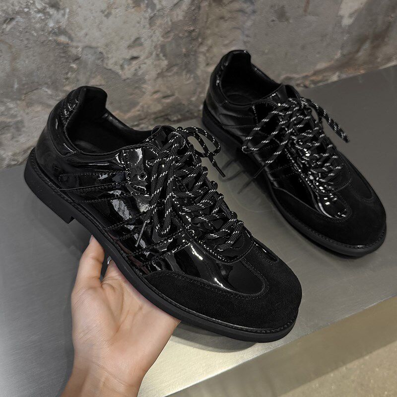 德训鞋男款真皮亮面黑色百搭板鞋休闲 小皮鞋英伦覆古通勤阿