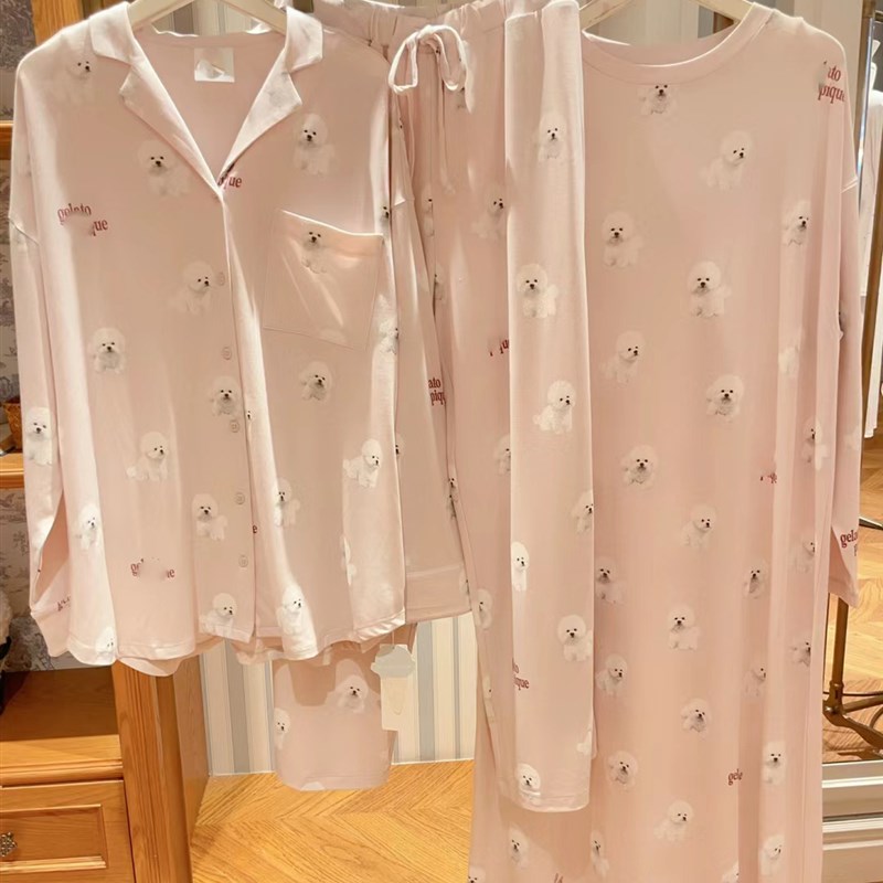 日系可爱比熊泰迪狗纯棉睡衣女翻领开衫大码秋冬薄款月子服家居服