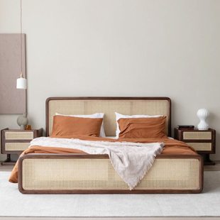 北欧日式藤编双人床复古侘寂风实木民宿床家用酒店1.8米原木藤床