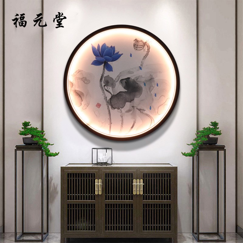 定制灯带圆形画框带灯实木卧室挂画木质灯光背景墙玄关现代装饰画