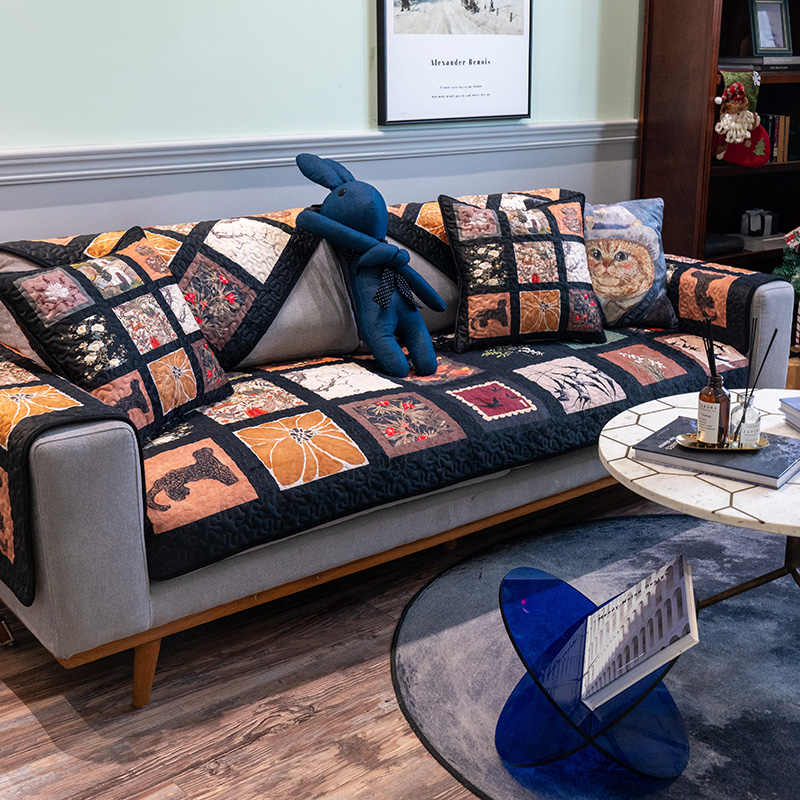 2024新款深色耐脏几何艺术沙发垫加厚四季毛绒轻奢沙发套罩盖巾垫