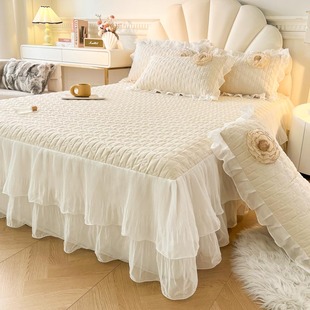 床裙二合一三件套纯色花边夹棉全Y包防滑床罩 少女心蜜桃棉床笠式