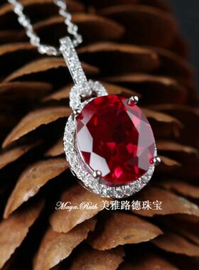 红宝石刚玉吊坠项链气质复古鸽子蛋925纯银镀金 碧玺女送母亲礼物